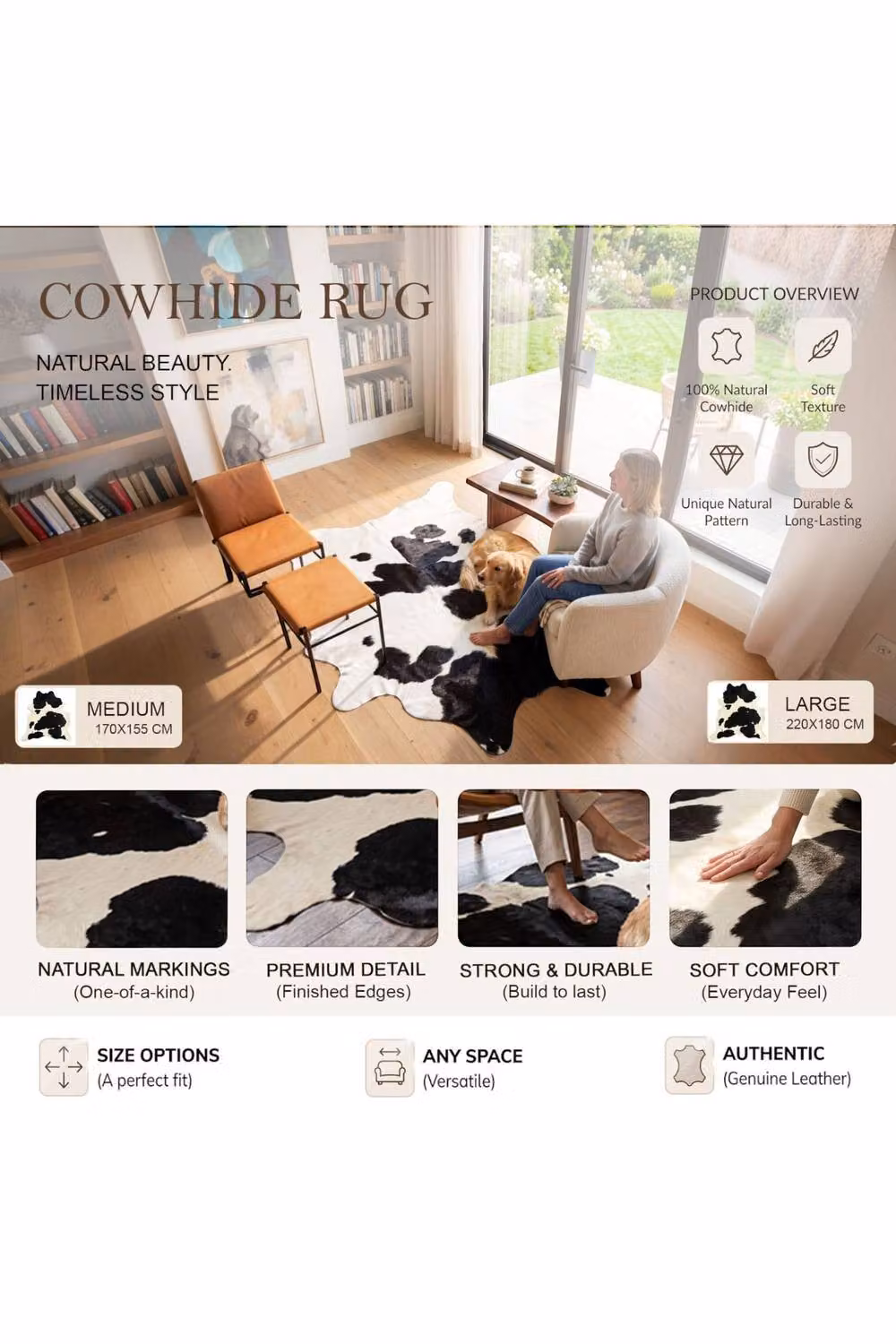 Infinity Leather Natural Black and White Cowhide Hairon Rug, W: 180 cm x D: 220 cm – 3