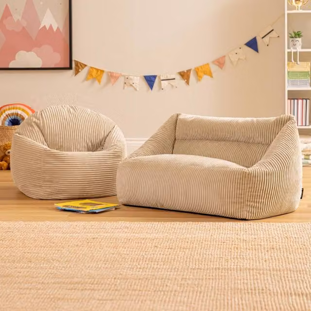 icon Kids Cecilia Bean Bag Sofa in Stone High Rest Jumbo Cord – 1
