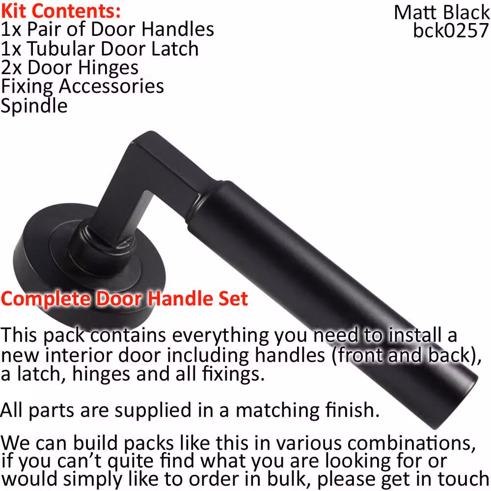 Loops Matt Black Straight Round Lever Door Handle and Latch Pack with Screwless Round Rose – 2