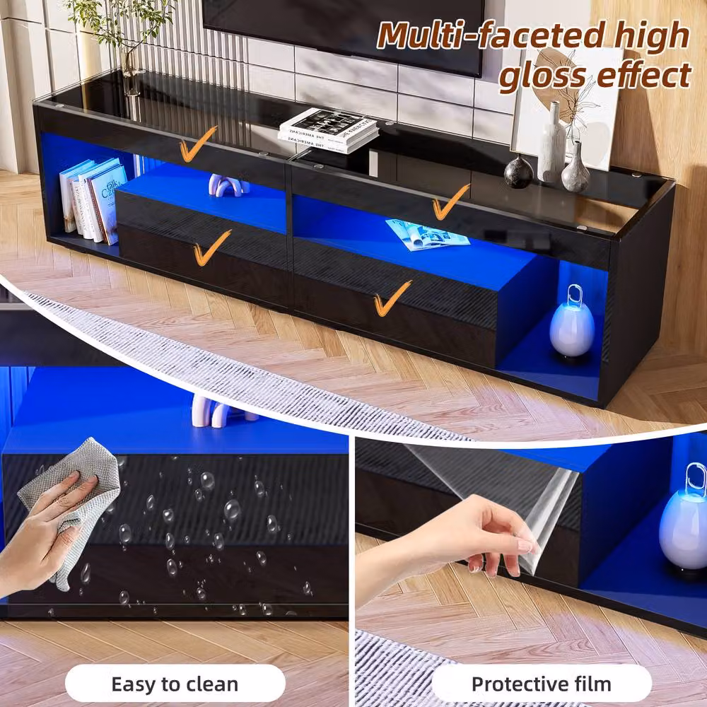 ModernLuxe High Gloss TV Cabinet with LED Lights, Glass Top and 2 Drawers in Black, W: 180 cm, D: 40 cm, H: 46 cm – 4