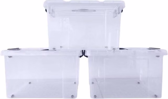 SPETLEK Set of 3 Transparent Plastic Storage Boxes with Lids, 43L Capacity Each