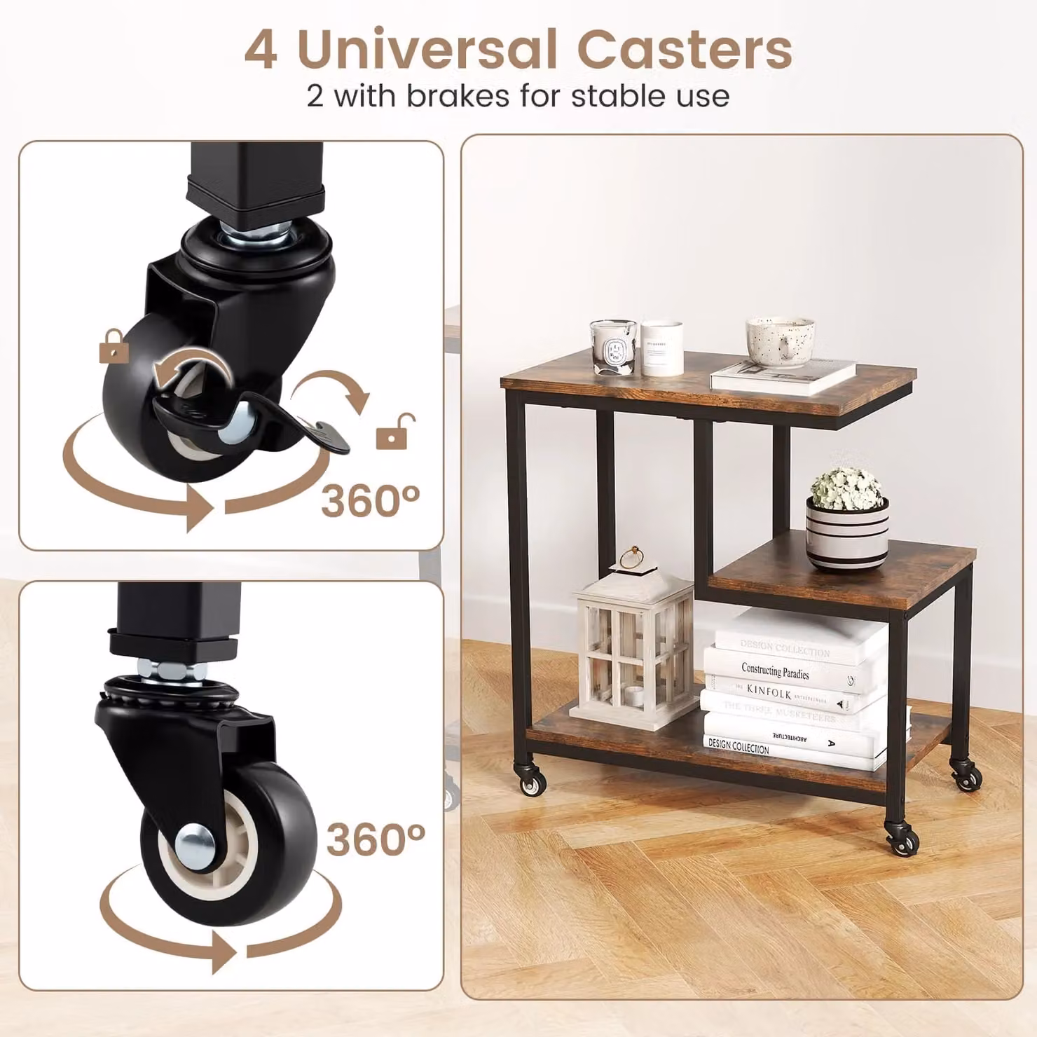Costway G-shaped 3-Tier Mobile Side Table with Open Shelves and Castors in Brown – 2