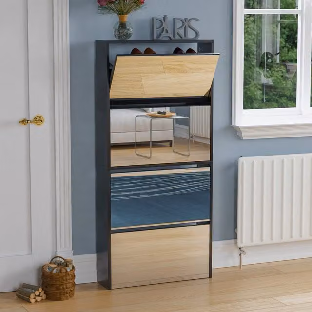 Vida Designs Welham Modern Black Mirrored Shoe Cabinet with Tilting Compartments and Glass Doors