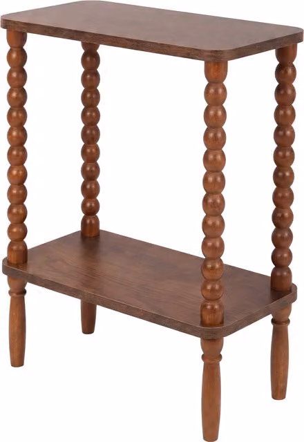 Levede Brown 2-Tier Narrow Side Table with Rubberwood Legs and MDF Storage