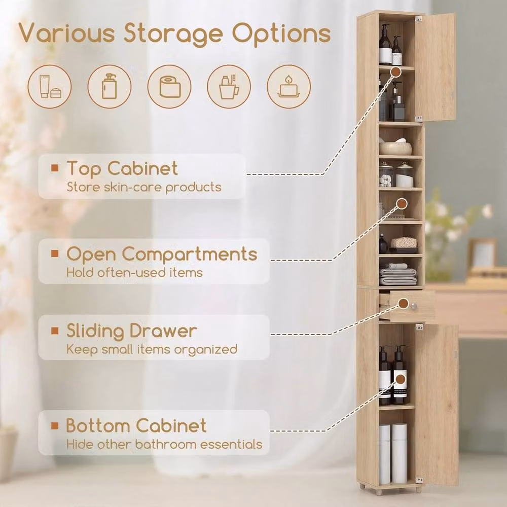 SPETLEK Tall Slim Freestanding Cabinet in Natural Brown and Beige with Hinged Doors and Internal Drawers, Height: 180 cm – 3