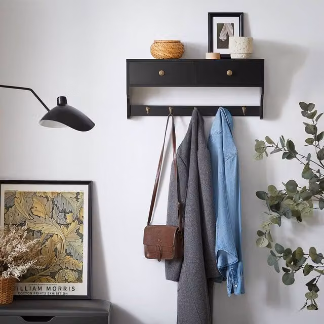 SoBuy Modern Wall-Mounted Coat Rack with Dual Drawers and Shelf in Black, W: 60 cm, D: 15 cm