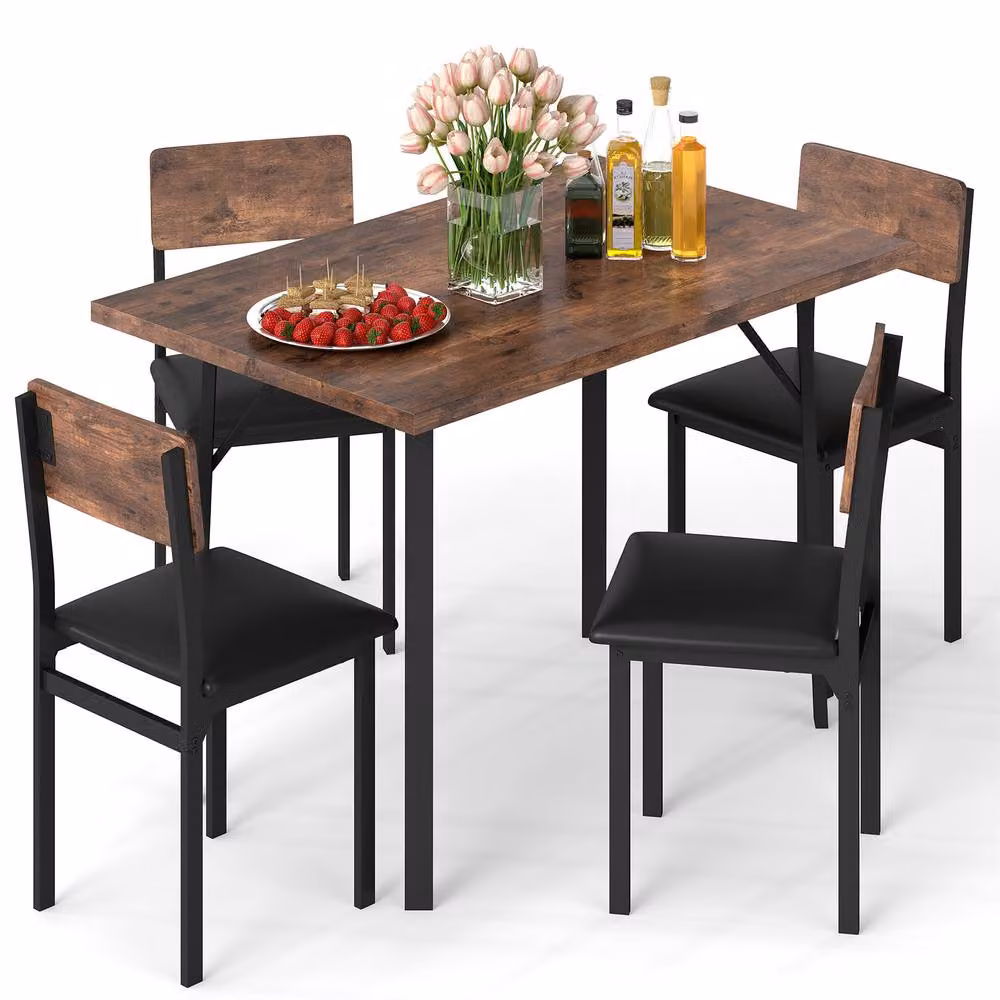 Costway Industrial 5-Piece Dining Set with Rectangular Table and 4 Upholstered Chairs in Brown – 4