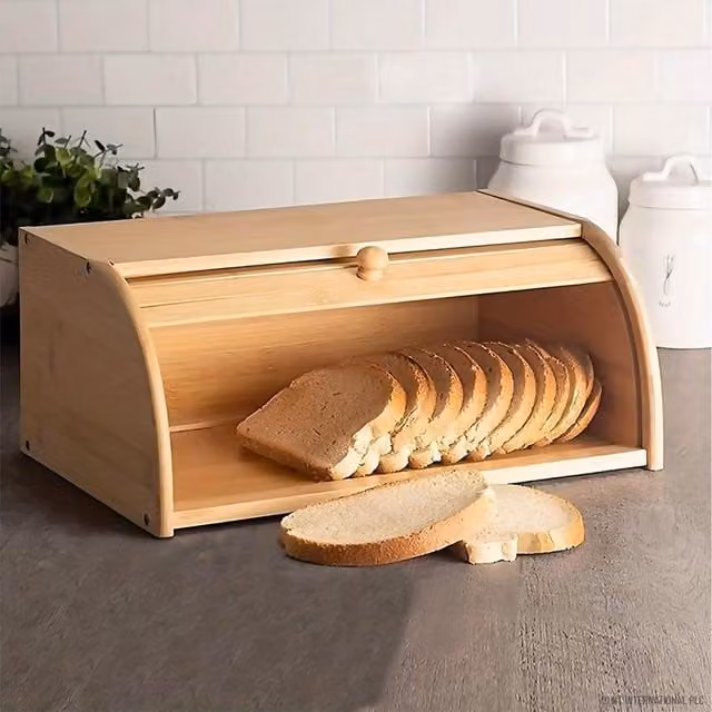 MantraRaj Wooden Roll Top Bread Box Storage Bin in Brown, W: 40.0 cm, D: 27.0 cm, H: 16.5 cm