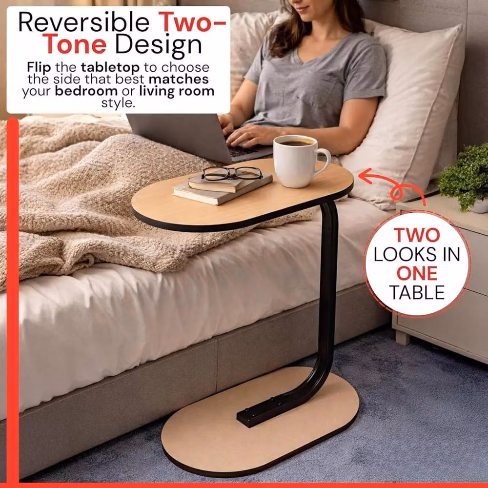 KORVIXA Brown Wooden Side Table and Laptop Desk with Oval Top and Sled Base, W/D/H: 100 x 59 x 100 cm – 5
