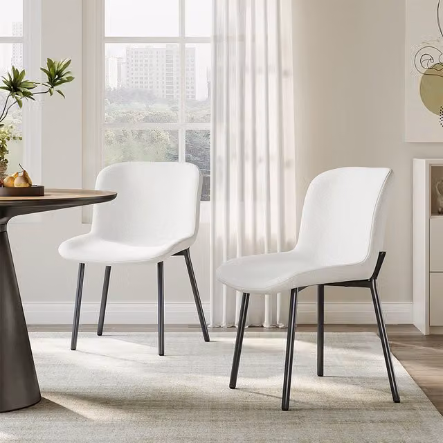 Livingandhome Set of 2 White Teddy Fabric Dining Chairs with Black Metal Legs