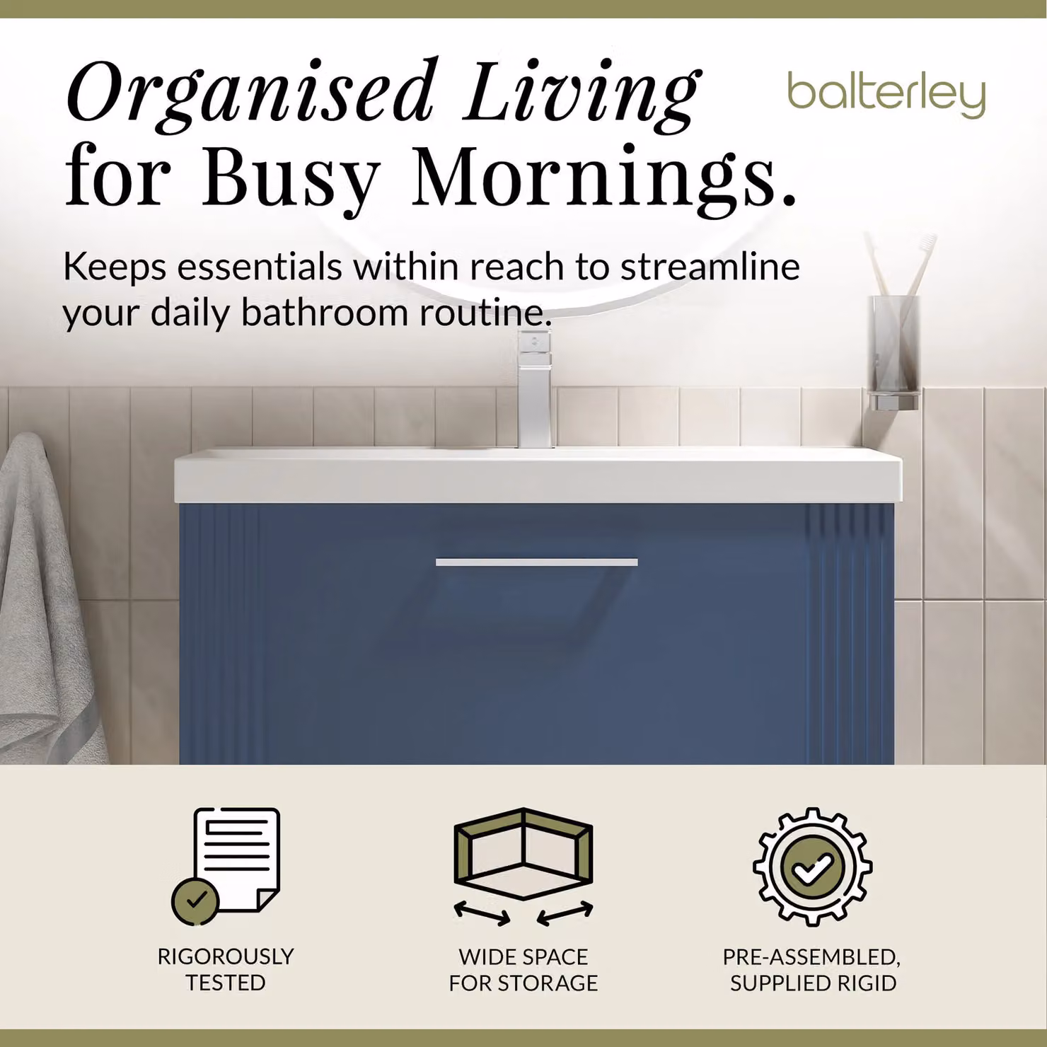 Balterley Wall Hung 1 Drawer Vanity Unit with Thin-Edge Basin, Satin Blue, W: 80 cm, D: 40.9 cm, H: 80 cm – 2