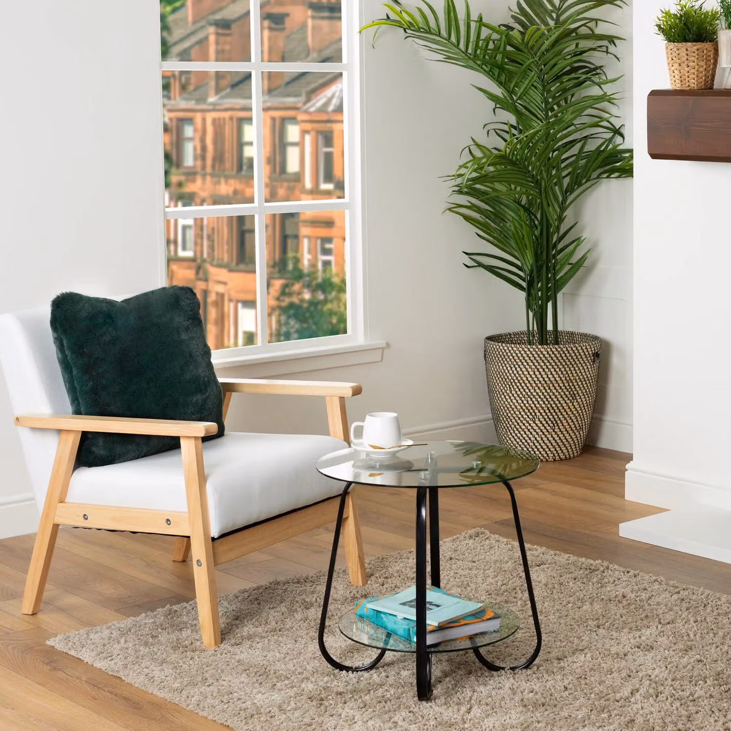 LIVIVO Round 2-Tier Glass Coffee Table with Black Metal Frame and Transparent Glass Top – 3