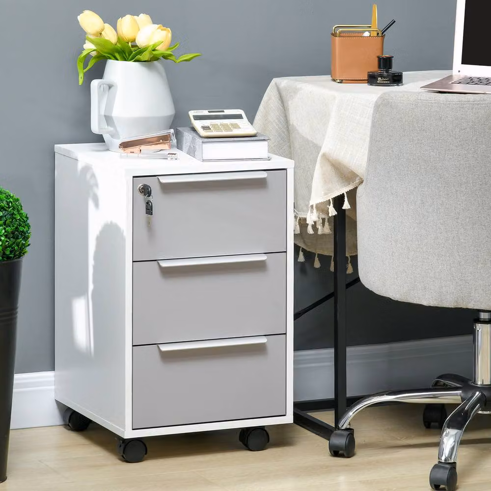 STILVORA 3 Drawer Locking Filing Cabinet with Castors in Grey – 2