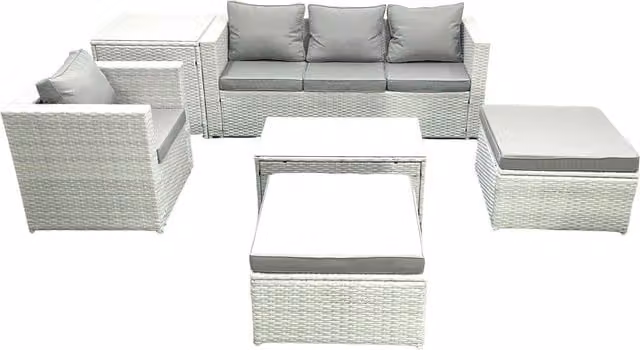 Fimous 6 Piece Rattan Garden Furniture Set in Light Grey with Sofa, Chairs, Coffee Table, Side Table and 2 Footstools