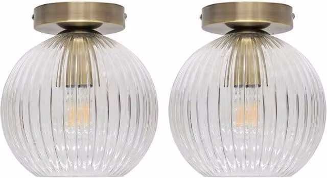 First Choice Lighting Betchley Set of 2 Ceiling Lights with Transparent Ribbed Glass and Gold Brass Finish – 1