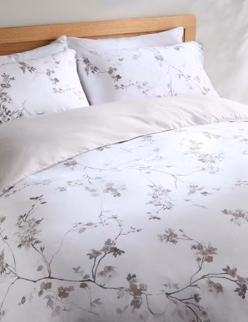 M&S Cherry Blossom Floral Bedding Set, Grey Mix, Pure Cotton Mako Satin, W/D/H: 180 x 200 cm