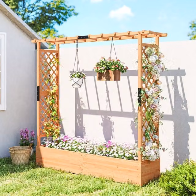 Outsunny Wooden Raised Garden Bed with Trellis in Brown, W/D/H: 196 x 181 x 39 cm