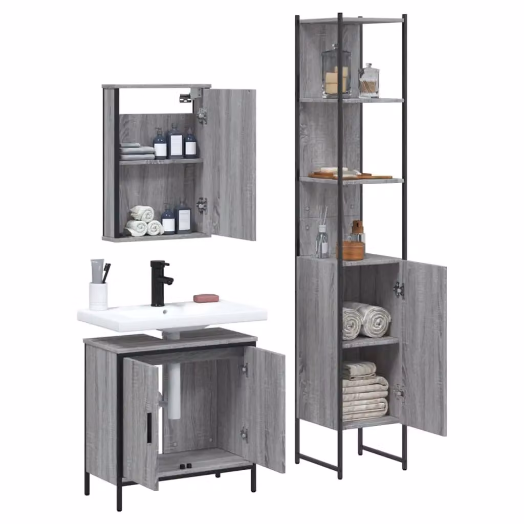 Berkfield Home 3 Piece Grey Matt Bathroom Furniture Set with Mirror Cabinet and Vanity Unit – 3