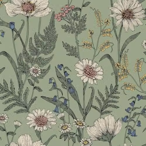 Fine Decor Wild Meadow Botanical Floral Washable Wallpaper in Green, Roll W: 53 cm, L: 52 cm