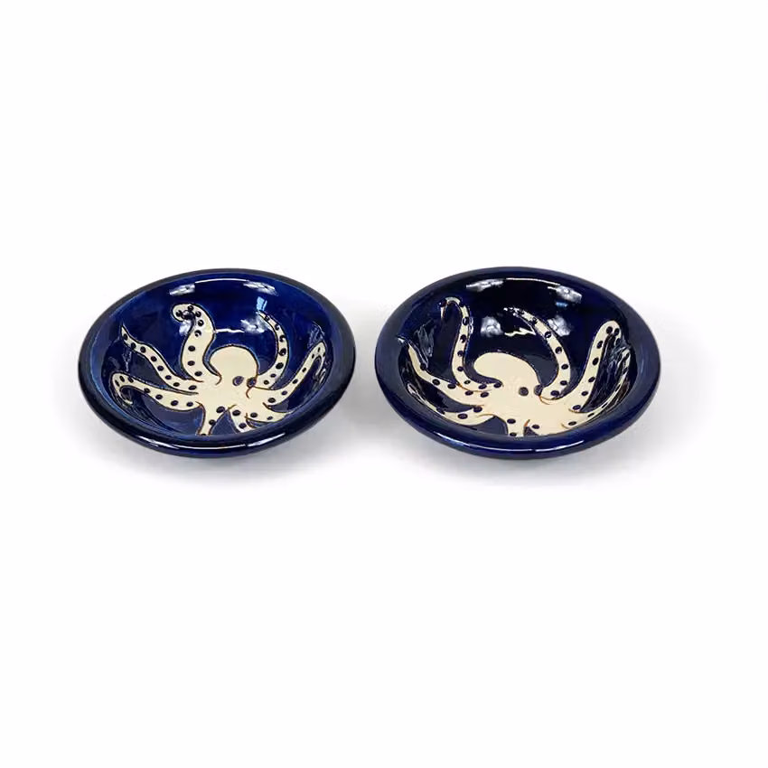 Verano Spanish Ceramics Signature Blue and White Octopus Hand Painted Ceramic Dip Bowls, Set of 2, Diameter: 12 cm – 2