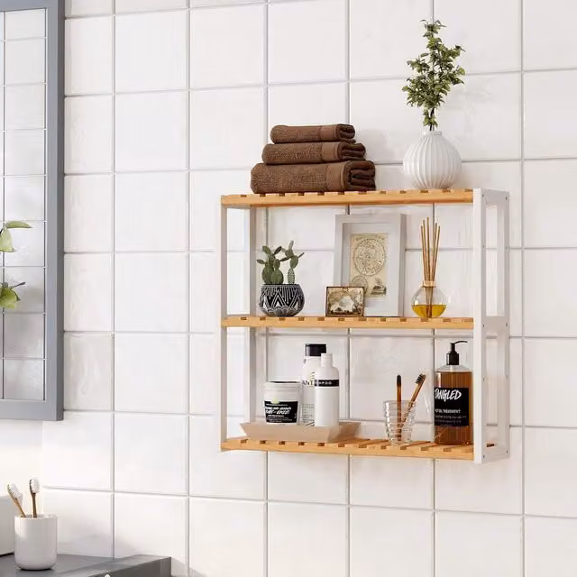 SONGMICS Adjustable 3 Tier Bamboo Wall Mounted Shelf for Bathroom or Kitchen in Natural