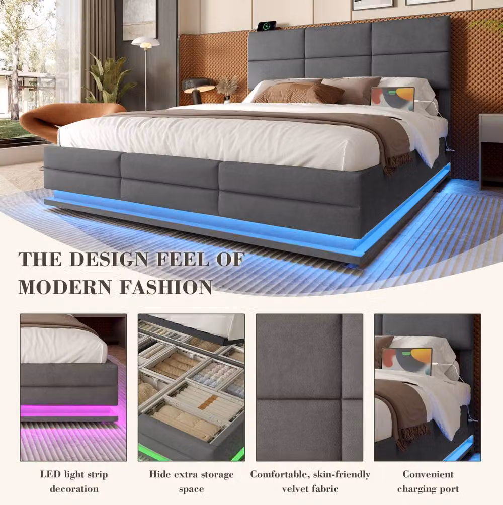 STILVORA Modern Grey Velvet Upholstered Double Bed Frame with Lift Up Storage, USB Charging Port and LED Under-Bed Lighting, W/D/H: 140 x 200 x 32 cm – 6