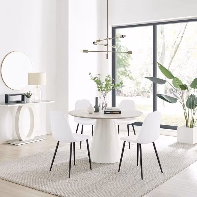 FurnitureboxUK Palma Beige Stone Effect Round Dining Table and 4 Corona Black Leg Chairs in White