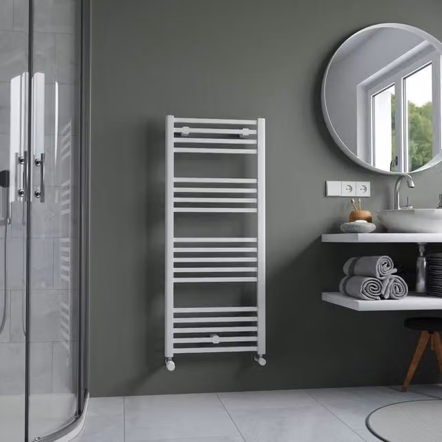 Bathroom Kingdom Eros White Straight Wall Mounted Heated Towel Rail H: 117.4 cm, W: 50 cm
