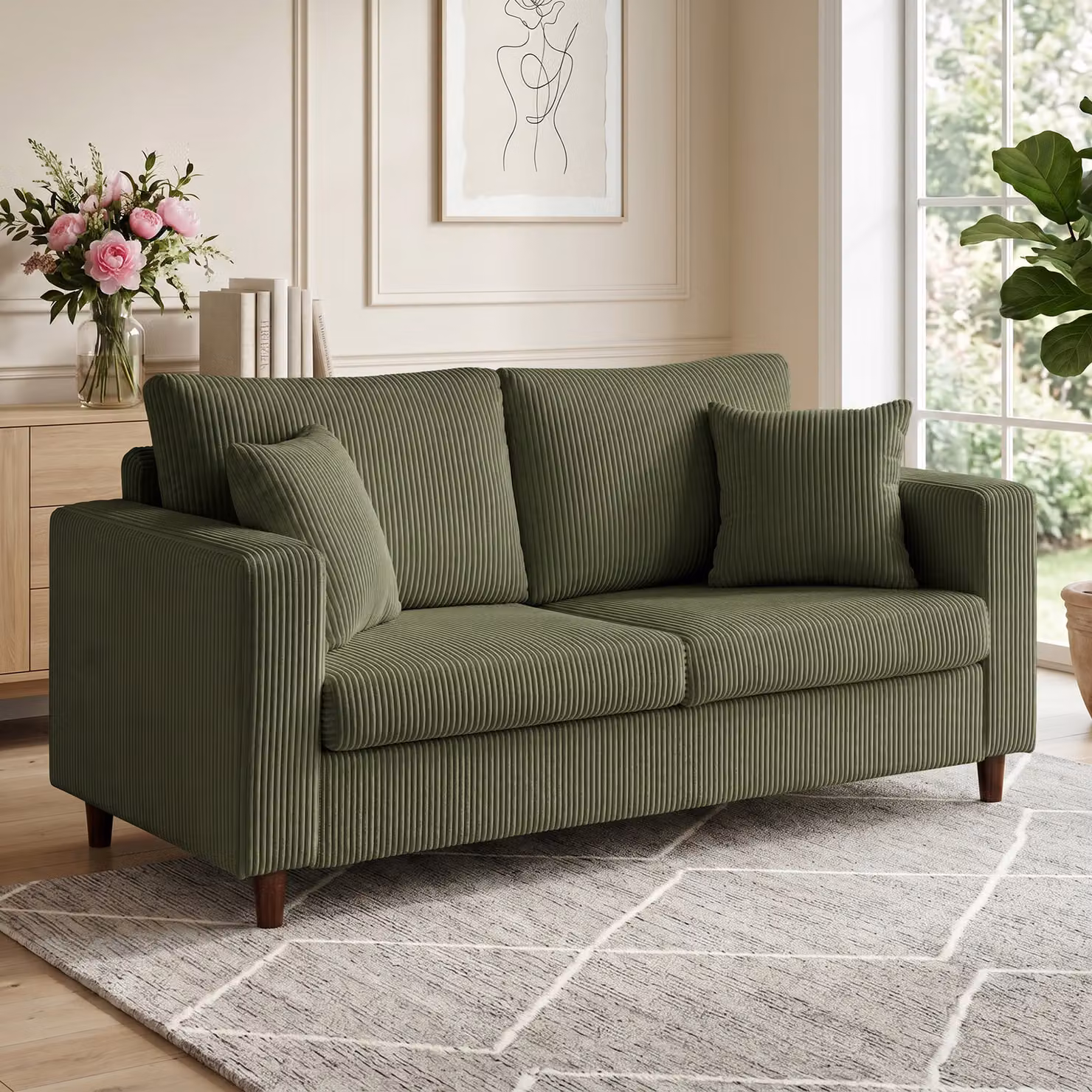 HOMCOM Corduroy 2 Seater Loveseat Sofa in Green with Deep Seats and Scatter Cushions – 2