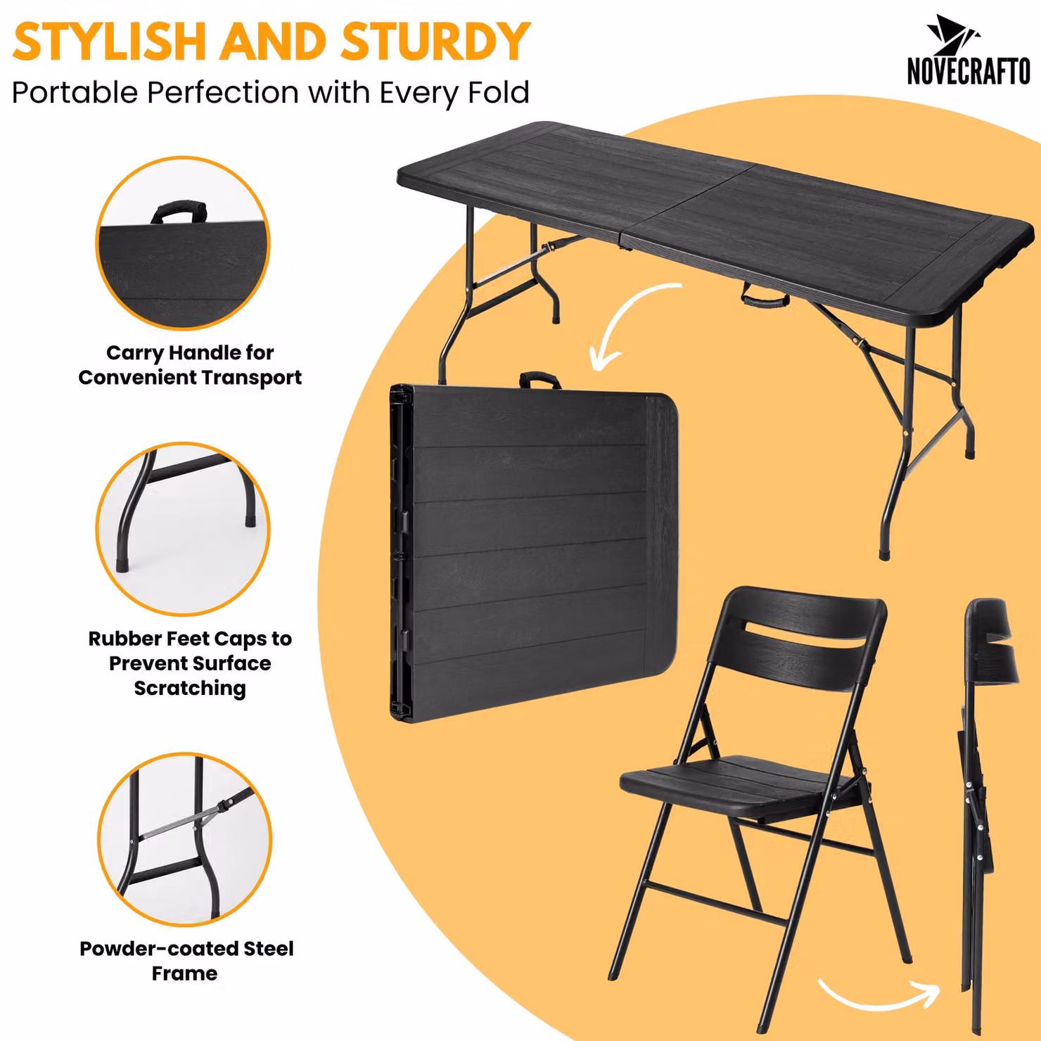 Novecrafto 6ft Folding Table and 4 Folding Chairs Set in Black with Powder Coated Steel Frames and Plastic Surfaces – 3
