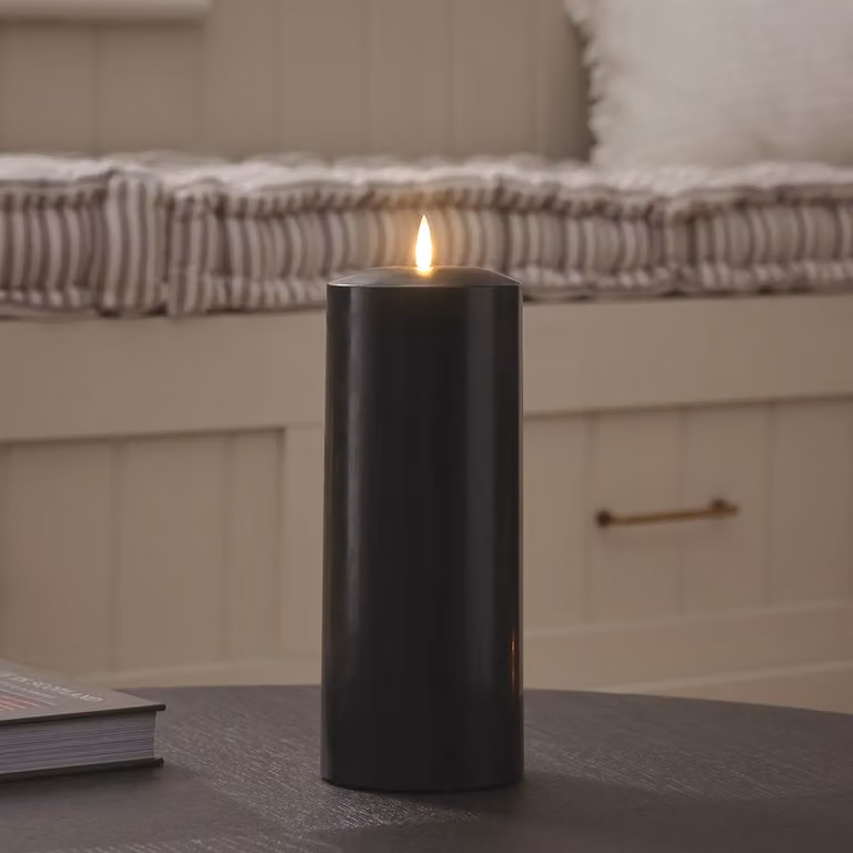 TruGlow Black LED Chapel Pillar Candle with Remote Control and Flicker Effect, Height: 25 cm