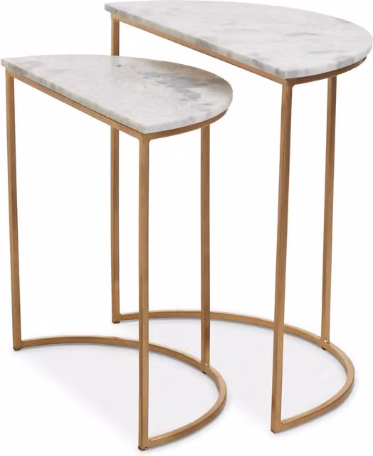 Interiors by Premier Mandoli Nest of 2 Semicircular Side Tables with White Marble Tops and Gold Metal Sled Base