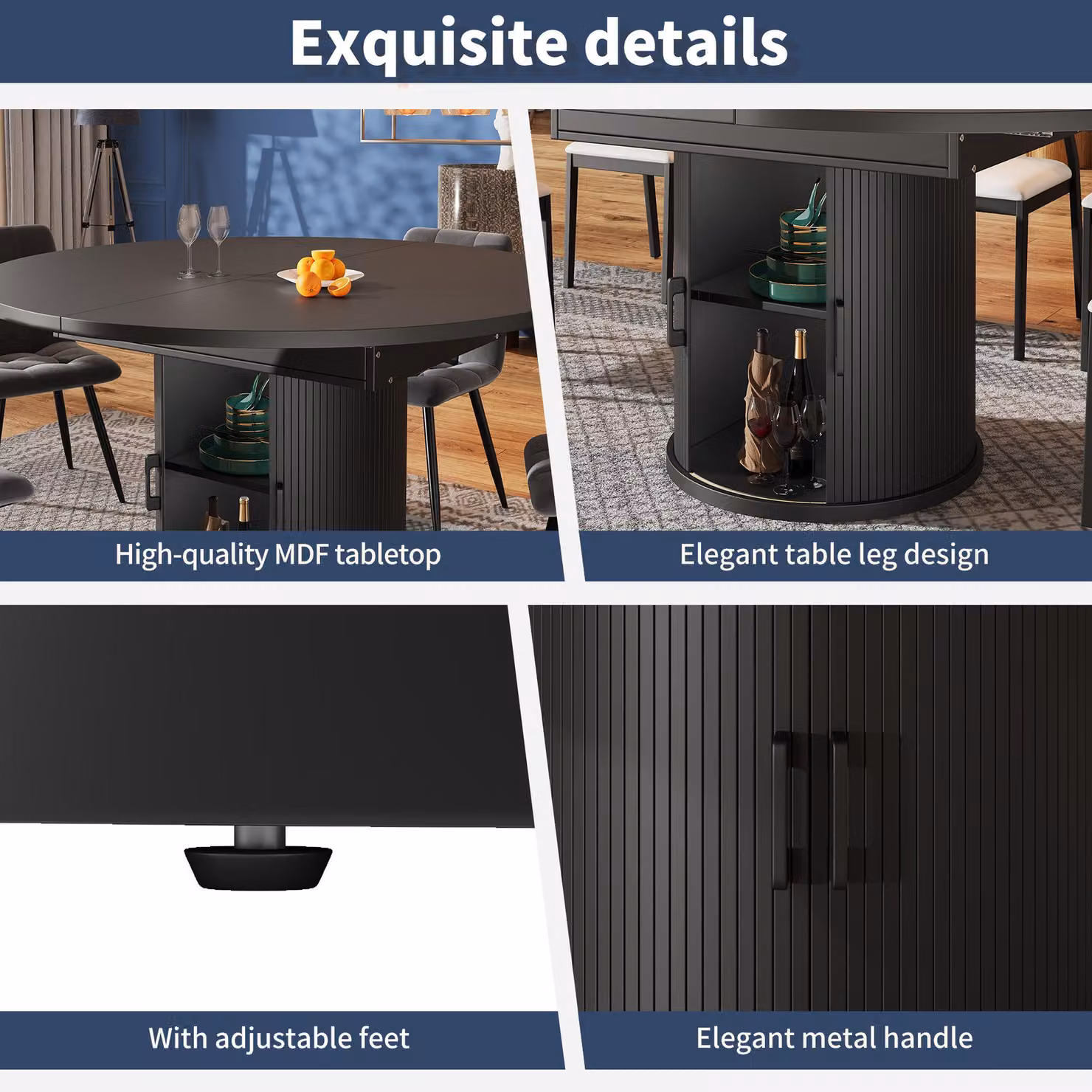 Aosom UK Extendable Round Dining Table with Curved Sliding Doors and 2 Shelves in Black, W/D/H: 118 x 118 x 76 cm – 4