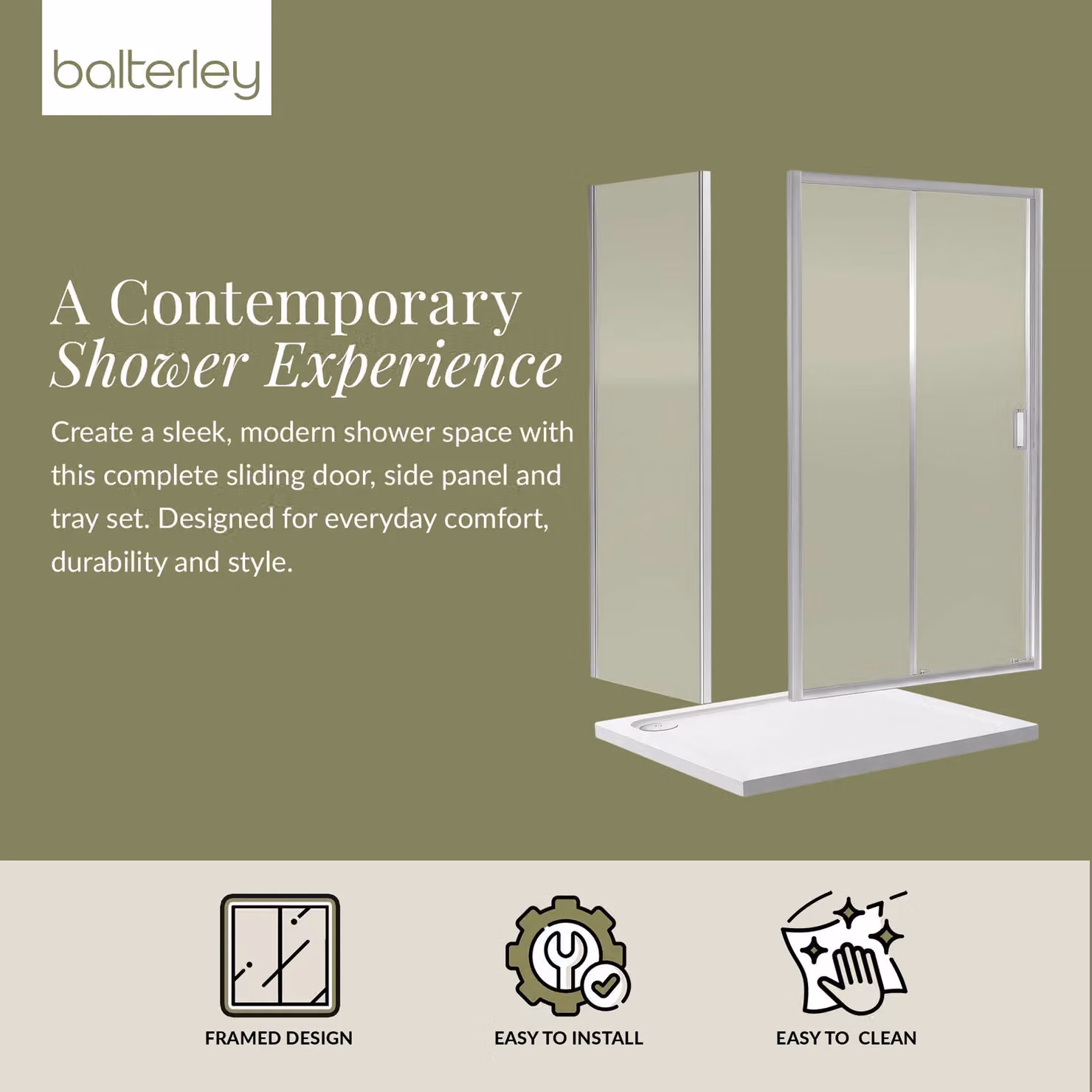 Balterley Ruwa Sliding Corner Shower Suite with 6mm Glass Tray and Door Panel, Silver, W: 1000 mm, D: 700 mm, H: 190 mm – 2