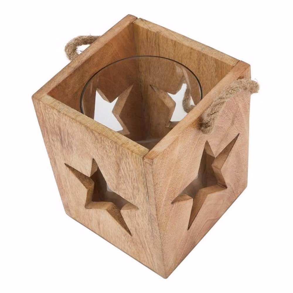 Lemon Pavilion Furniture and Decor Large Star Tealight Candle Holder, Brown Wood and Glass, L16 x W16 x H19 cm – 2