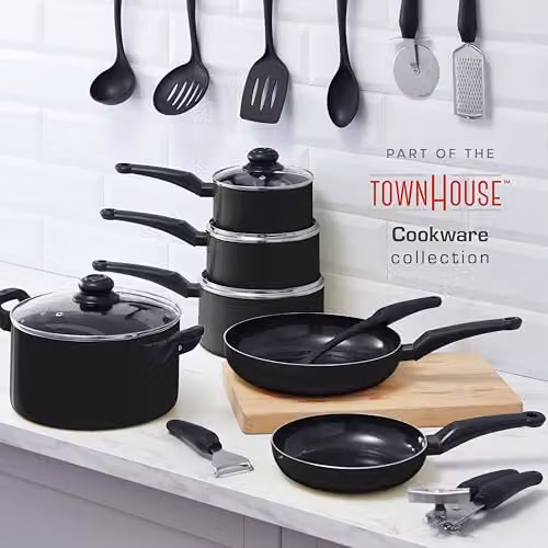 Swan Townhouse 14 Piece Black Aluminium Cookware and Tool Set with Ceramic Coating, including 16cm, 18cm and 20cm Saucepans with Glass Lids and 20cm and 26cm Frying Pans – 6