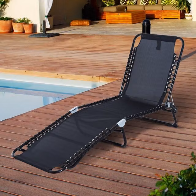 Outsunny Black Reclining Sun Lounger with Textilene Fabric and Metal Frame