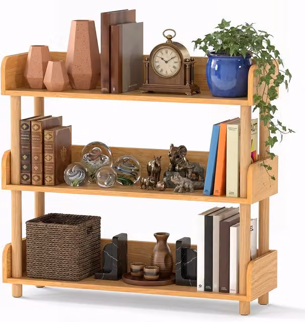 COSTWAY 3-Tier Minimalist Pine Wood Bookshelf in Brown