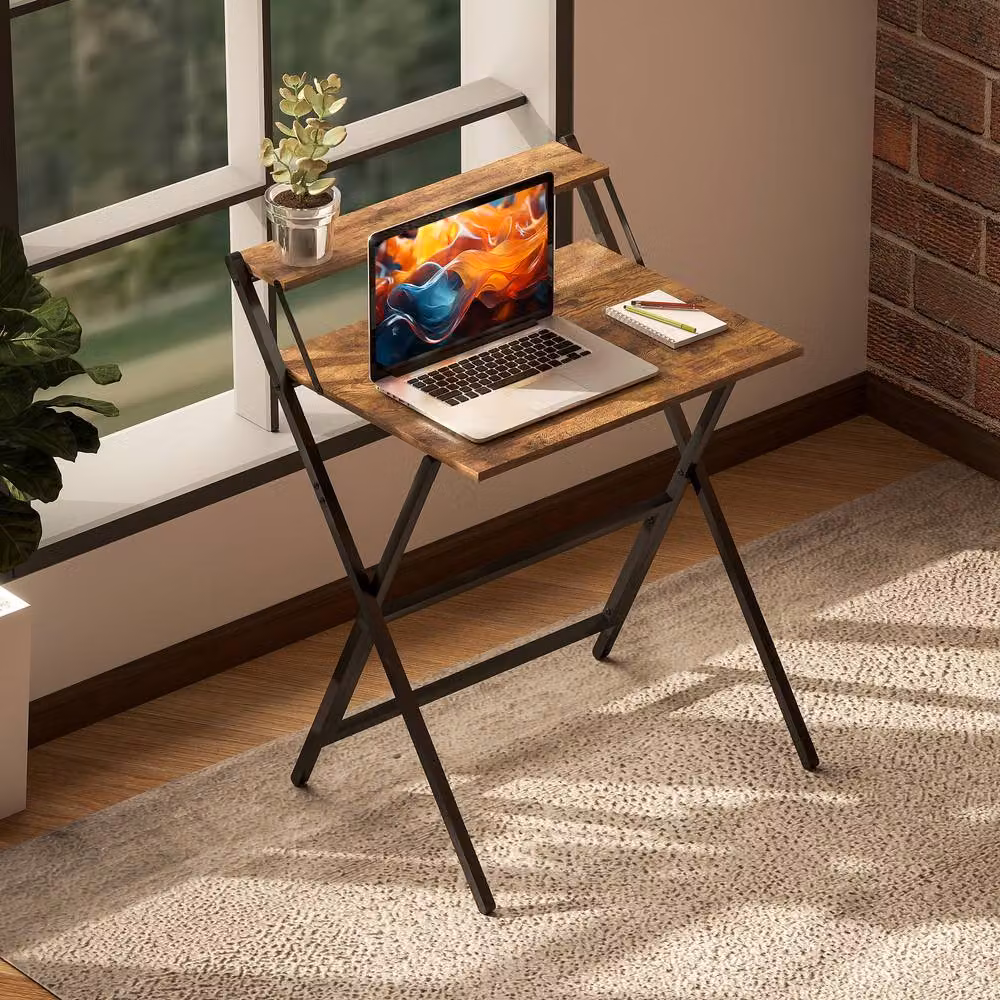 Rolipo Brown Folding Computer Desk with Monitor Shelf – 8