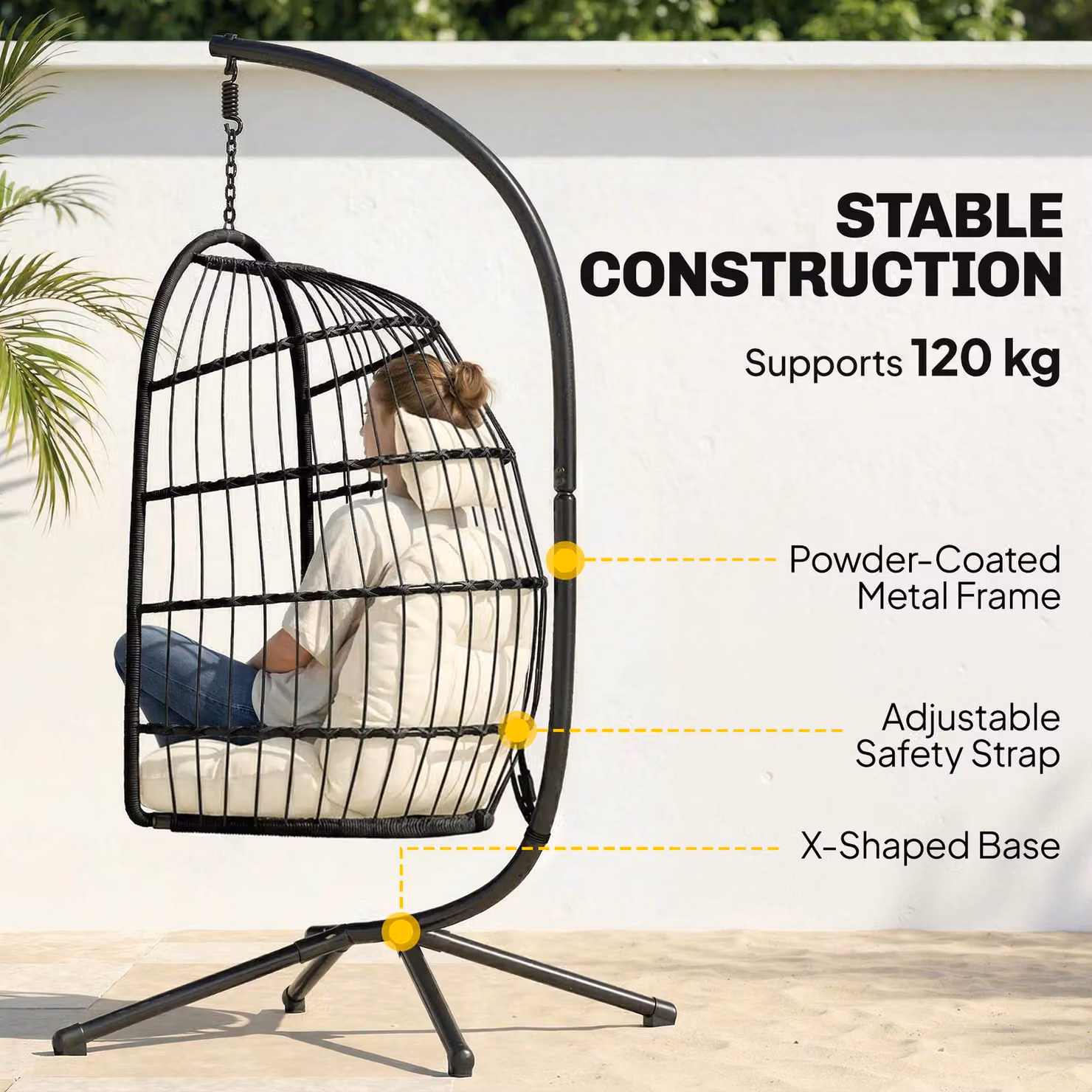 Outsunny Hanging Egg Chair with Stand and Cushions, Black and Cream White Indoor Outdoor Hammock Swing Chair – 3