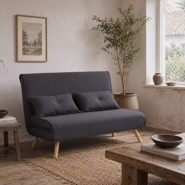 Wyld Haus Faroco 2 Seater Click Clack Sofa Bed in Anthracite Grey Fabric with Metal Frame and Scatter Cushions