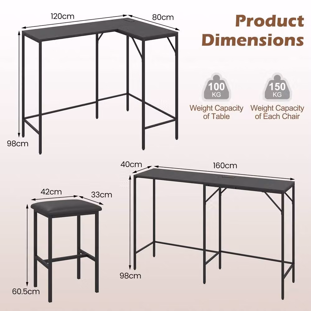 Gymax 3-Piece L-Shaped Bar Table and Chair Set in Black – 2