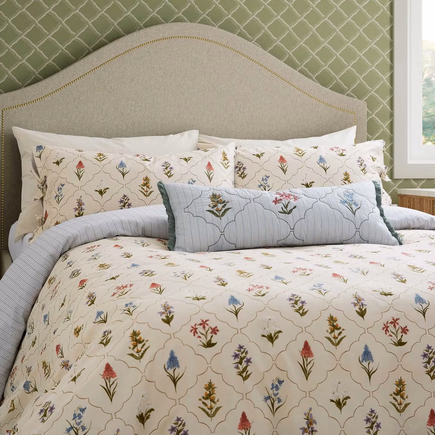 Sanderson Spring Meadow Floral Cotton Cushion in Blue, W: 70 cm – 2