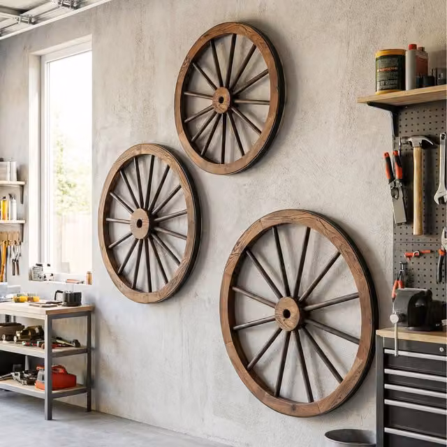 COSTWAY Set of 4 Vintage Brown Decorative Hanging Wagon Wheels in Wood and Metal