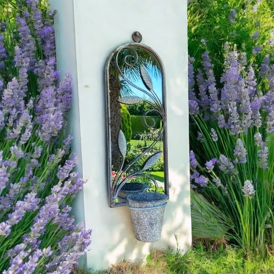 Minster Wall Mirror with Single Planter in Grey Distressed Metal, W: 20 cm, H: 65 cm – 3