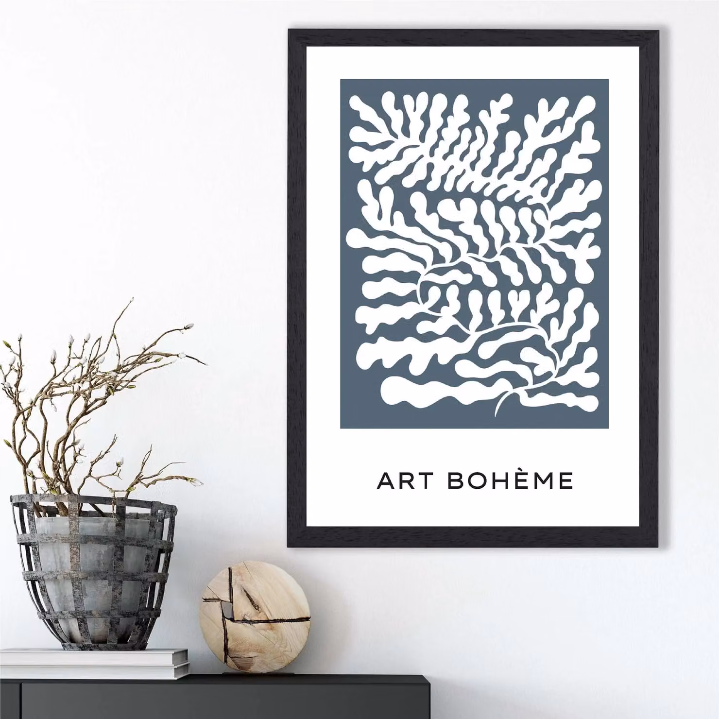 ARTZE Matisse Style Blue and White Floral Cutout Framed Print with Black Frame – 2