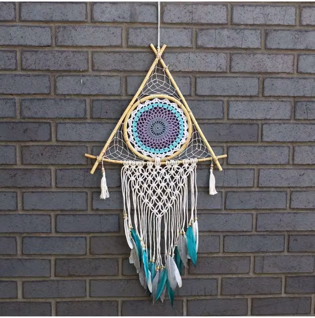 KDMD Large Boho Macrame Dream Catcher with Evil Eye in White and Turquoise