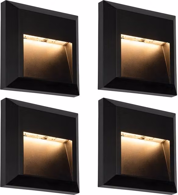 Loops 4 Pack Square IP65 LED Guide Light in Black with Warm White Indirect Lighting for Stairs, Steps and Gardens – 1