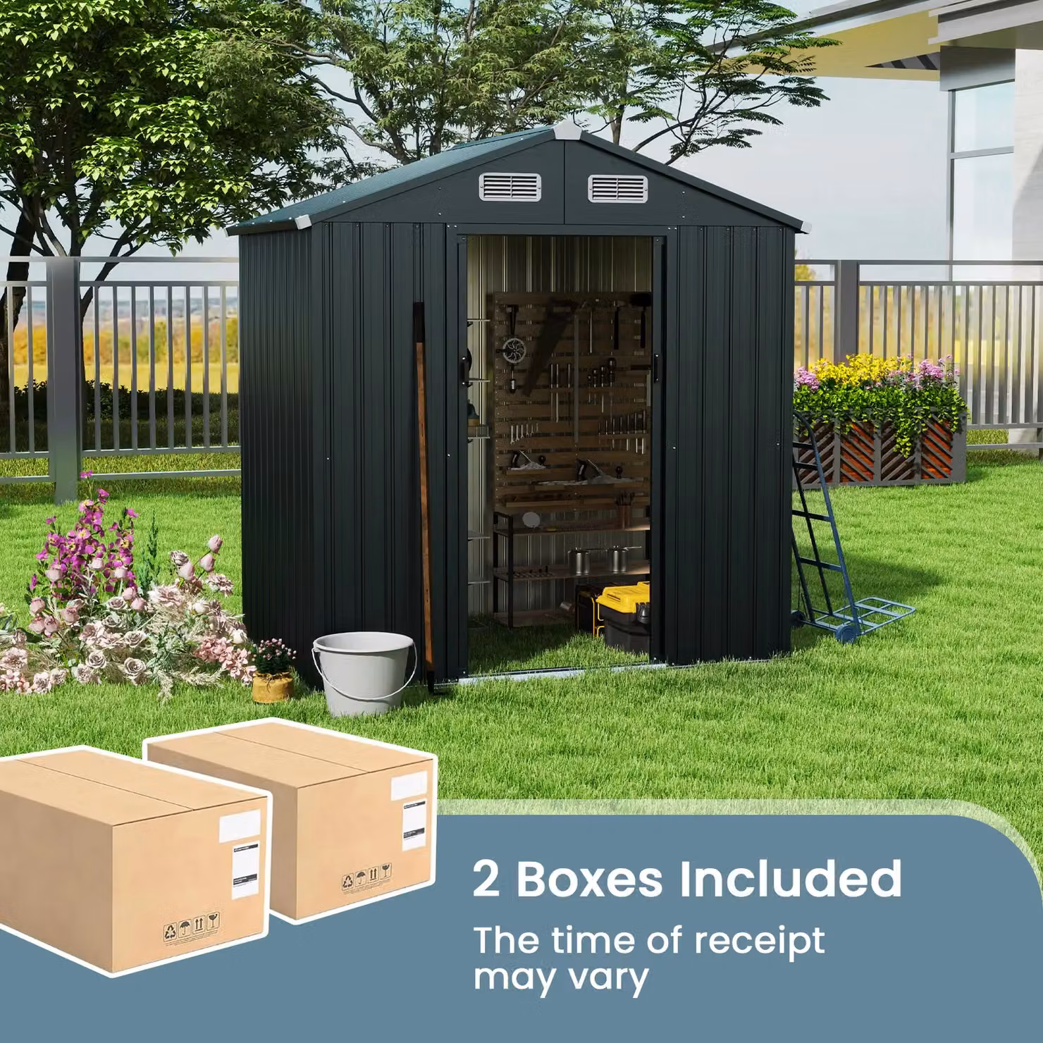 Gymax Pent Garden Shed in Grey, Galvanised Steel with Sliding Doors and Side Vent, W/D/H: 129 x 193 x 197 cm – 6