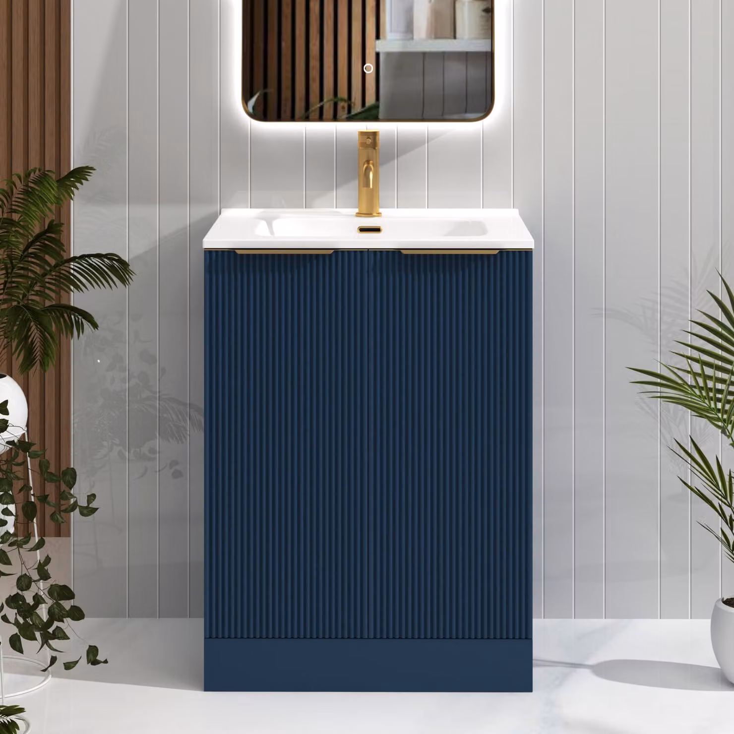 Royal Bathrooms Evora 600mm Midnight Blue Fluted Floor Standing 2 Door Vanity Unit with Ceramic Basin and Brushed Brass Handles